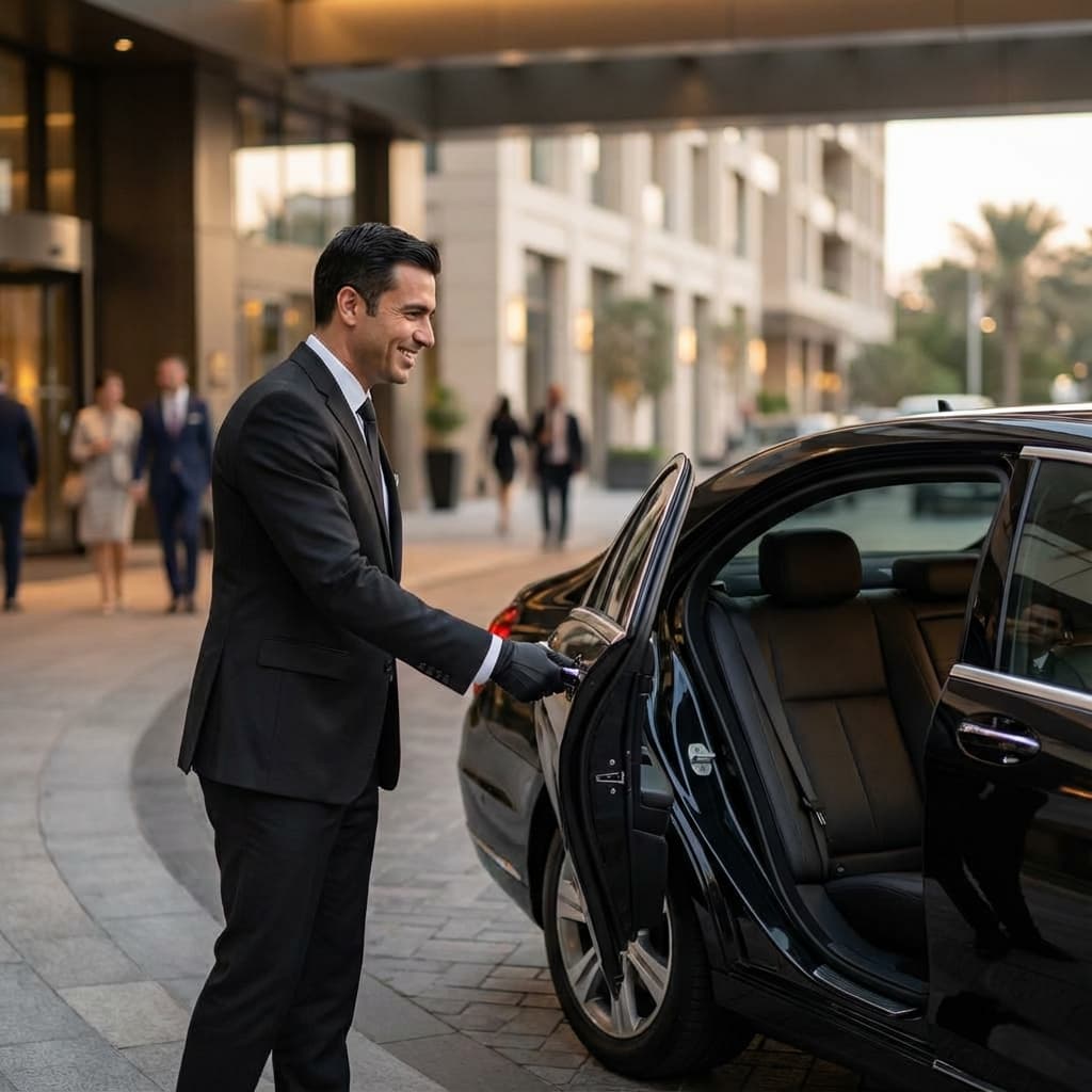 Chauffeur privé ouvrant la porte d'une berline de luxe
